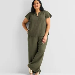 Liz Claiborne Womens Plus V Neck Short Sleeve Blouse
