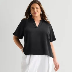 Liz Claiborne Womens Plus V Neck Short Sleeve Satin Blouse