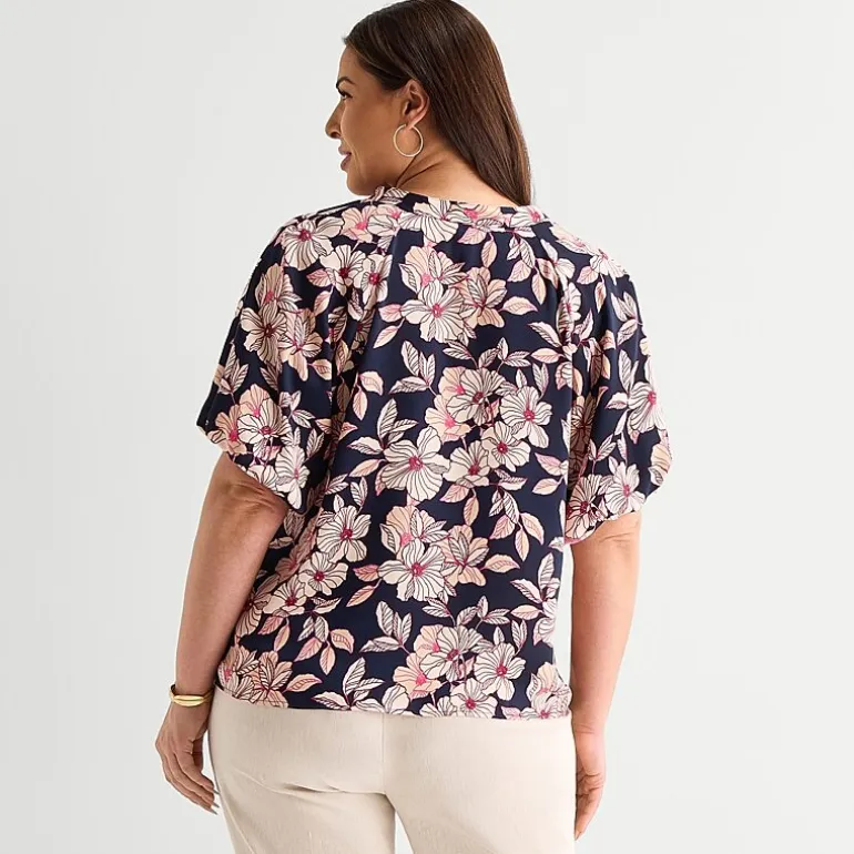 Liz Claiborne Womens Plus V Neck Short Sleeve Satin Blouse
