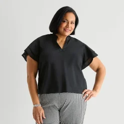 Liz Claiborne Womens Plus V Neck Short Sleeve Blouse