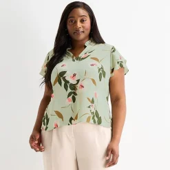 Liz Claiborne Womens Plus V Neck Short Sleeve Blouse