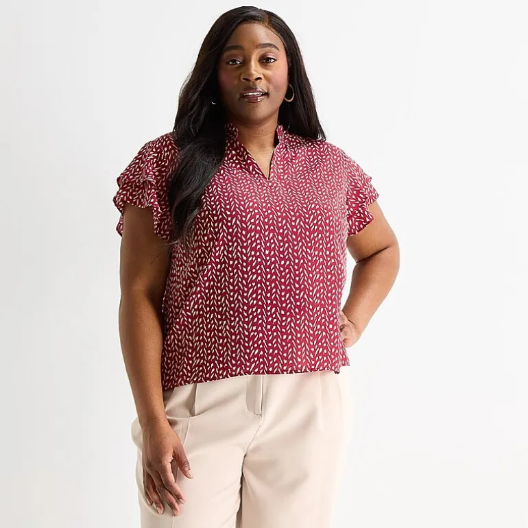 Liz Claiborne Womens Plus V Neck Short Sleeve Blouse
