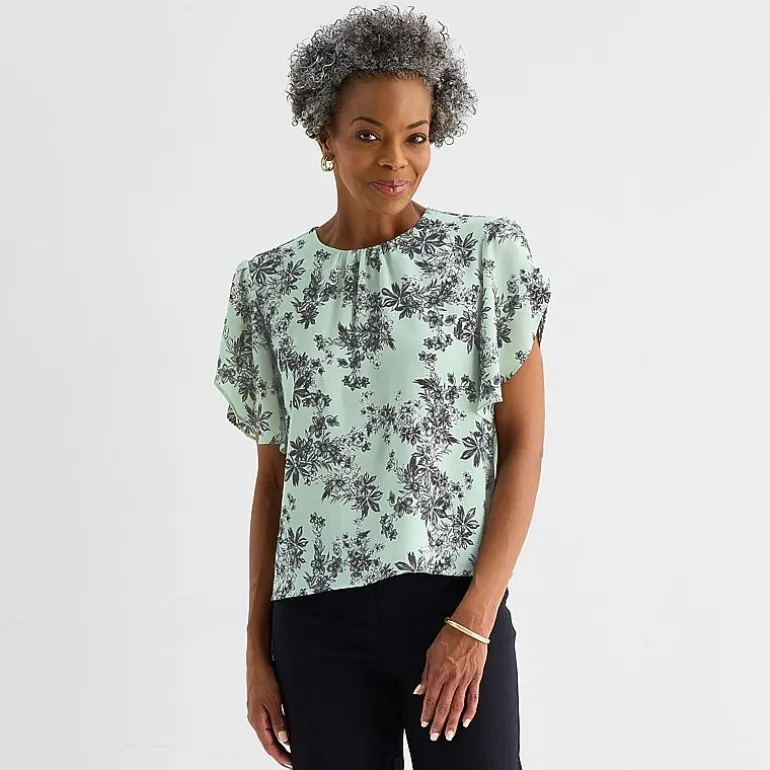 Liz Claiborne Womens Round Neck Short Sleeve Blouse