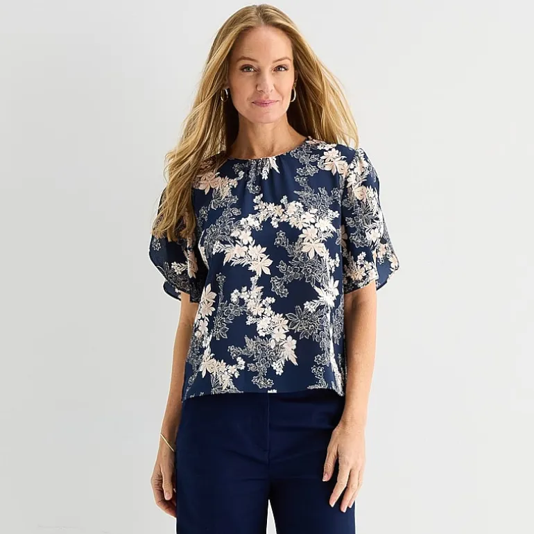 Liz Claiborne Womens Round Neck Short Sleeve Blouse