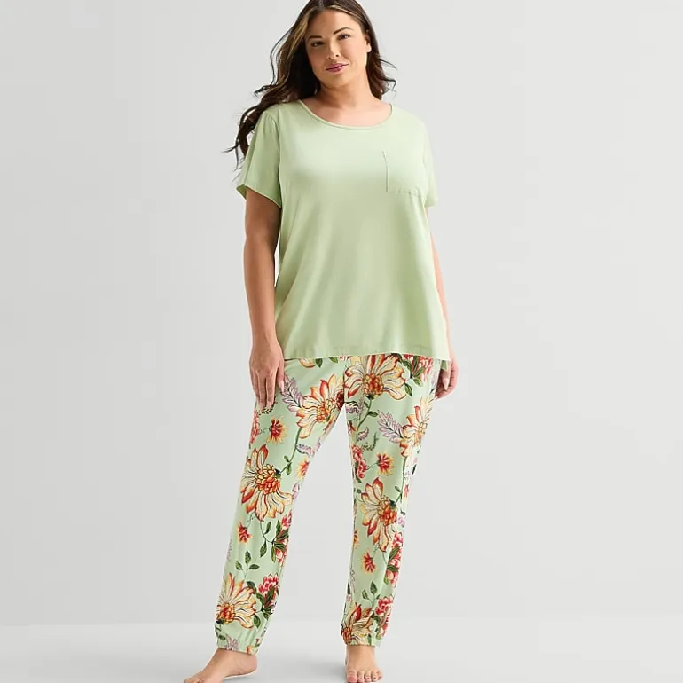 Liz Claiborne Womens Round Neck Short Sleeve 2-pc. Plus Pajama Set