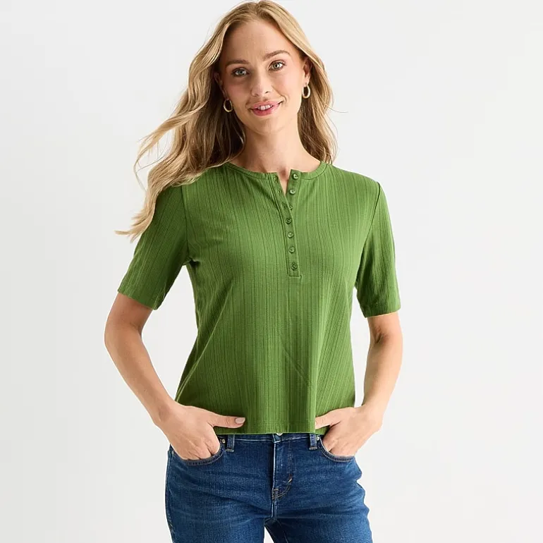 Liz Claiborne Womens Short Sleeve Regular Fit Henley Shirt