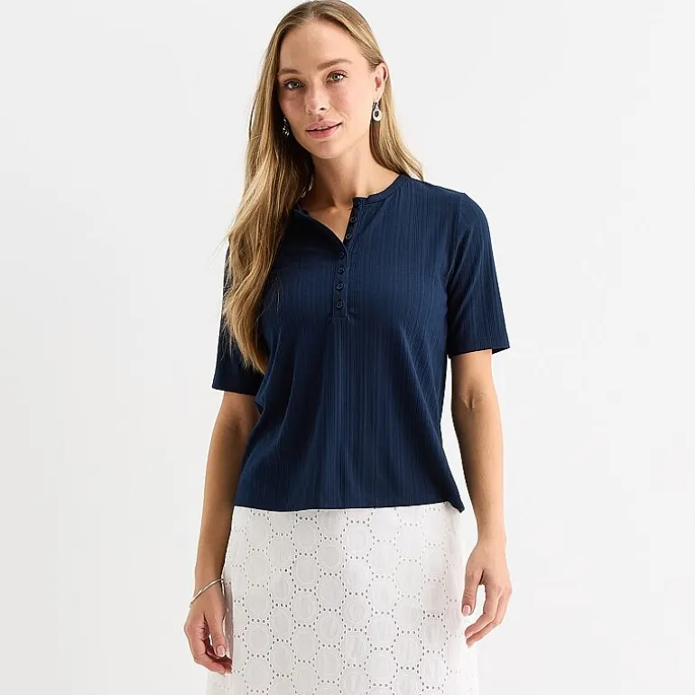 Liz Claiborne Womens Short Sleeve Regular Fit Henley Shirt