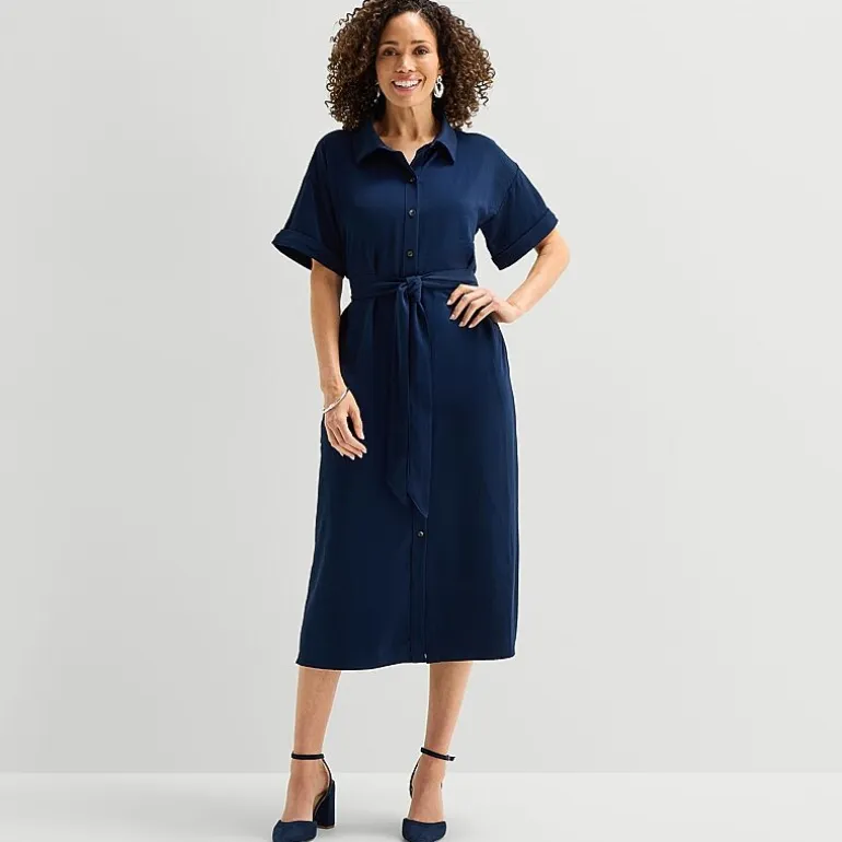 Liz Claiborne Womens Short Sleeve Midi Shirt Dress