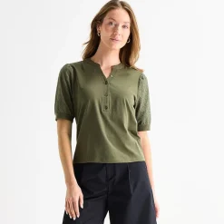 Liz Claiborne Womens Split Crew Neck Elbow Sleeve Blouse
