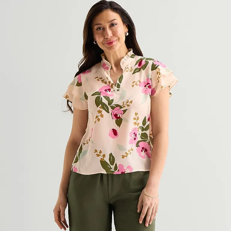 Liz Claiborne Womens Split Crew Neck Short Sleeve Blouse