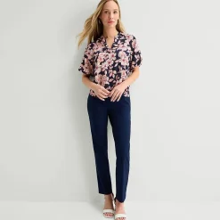 Liz Claiborne Womens Split Crew Neck Short Sleeve Satin Blouse