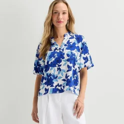 Liz Claiborne Womens Split Crew Neck Short Sleeve Satin Blouse