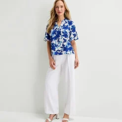 Liz Claiborne Womens Split Crew Neck Short Sleeve Satin Blouse