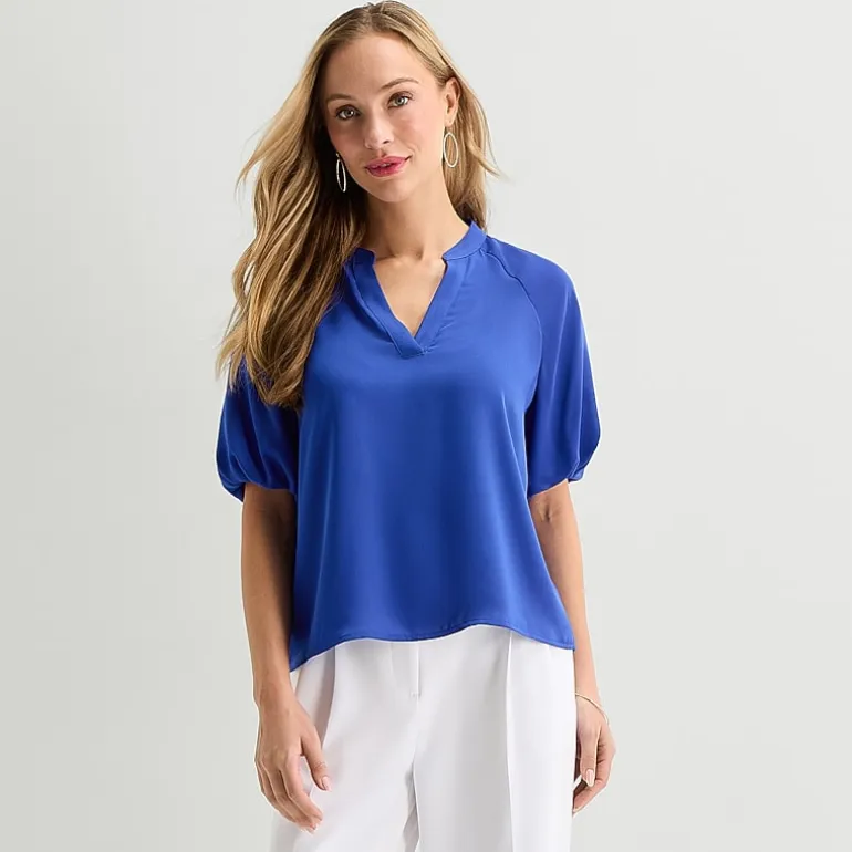 Liz Claiborne Womens Split Crew Neck Short Sleeve Satin Blouse