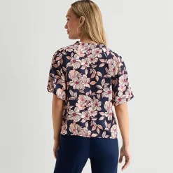 Liz Claiborne Womens Split Crew Neck Short Sleeve Satin Blouse
