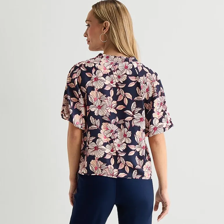 Liz Claiborne Womens Split Crew Neck Short Sleeve Satin Blouse