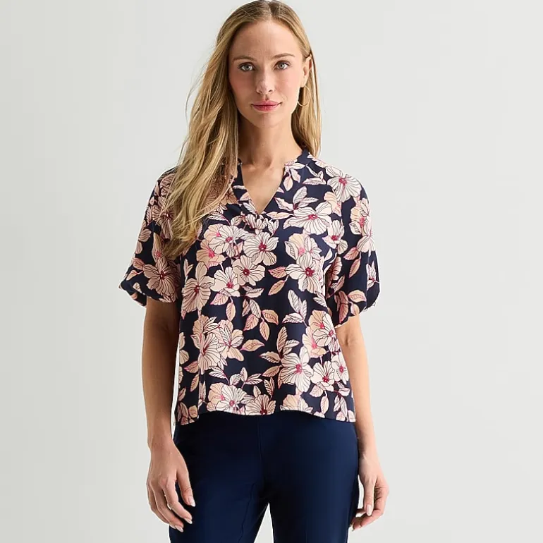 Liz Claiborne Womens Split Crew Neck Short Sleeve Satin Blouse