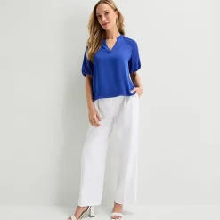 Liz Claiborne Womens Split Crew Neck Short Sleeve Satin Blouse