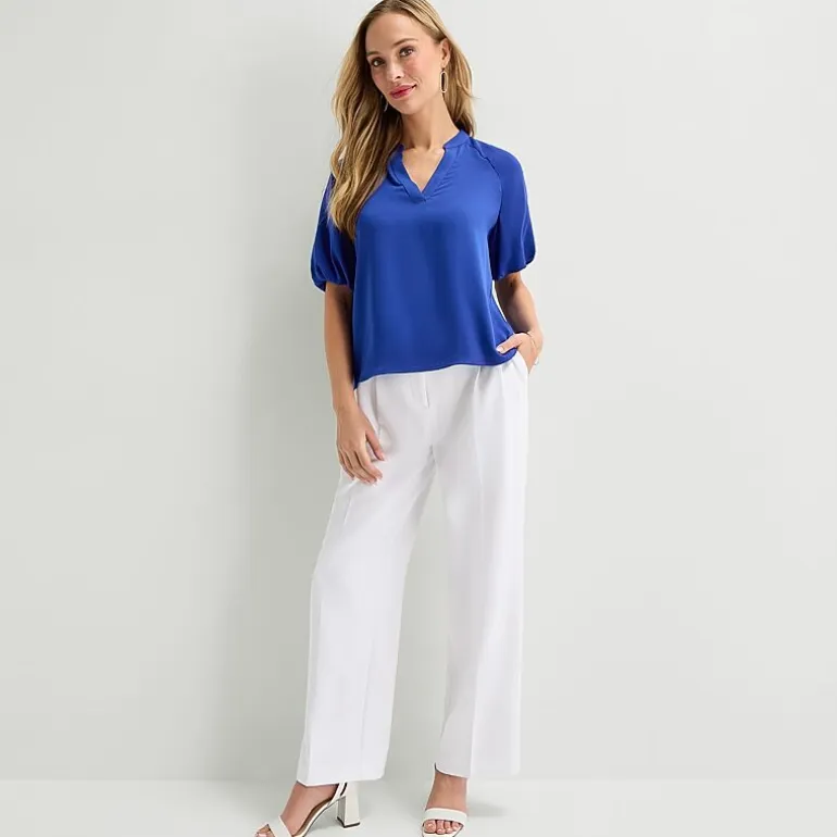 Liz Claiborne Womens Split Crew Neck Short Sleeve Satin Blouse