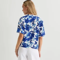 Liz Claiborne Womens Split Crew Neck Short Sleeve Satin Blouse