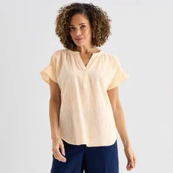 Liz Claiborne Womens Split Crew Neck Short Sleeve Blouse