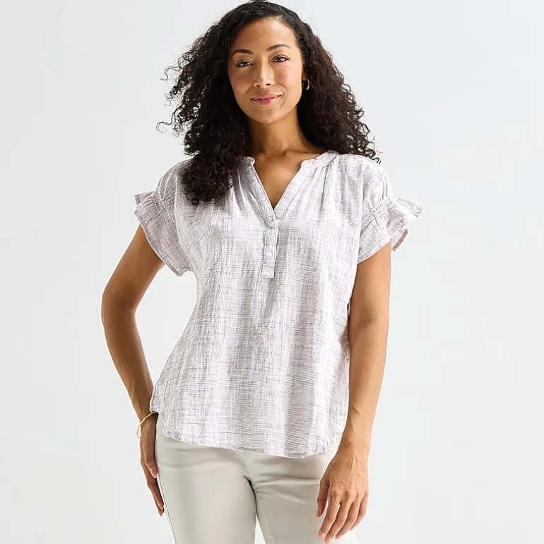 Liz Claiborne Womens Split Crew Neck Short Sleeve Blouse