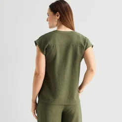 Liz Claiborne Womens Split Crew Neck Short Sleeve Satin Blouse