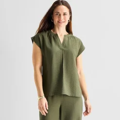 Liz Claiborne Womens Split Crew Neck Short Sleeve Satin Blouse