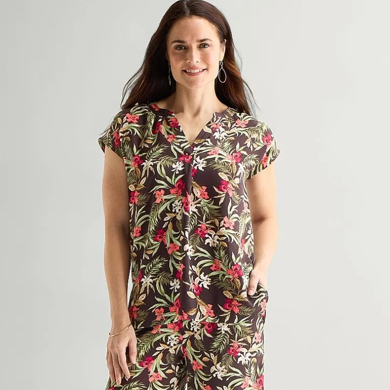 Liz Claiborne Womens Split Crew Neck Short Sleeve Satin Blouse