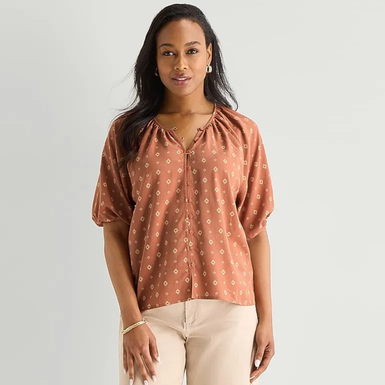 Liz Claiborne Womens Split Crew Neck Short Sleeve Blouse
