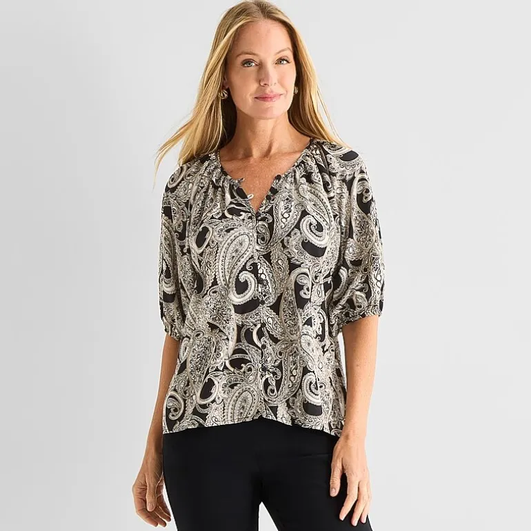 Liz Claiborne Womens Split Crew Neck Short Sleeve Blouse