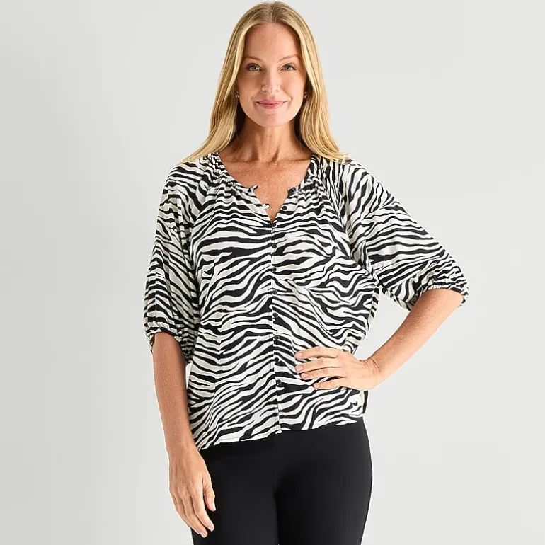 Liz Claiborne Womens Split Crew Neck Short Sleeve Blouse