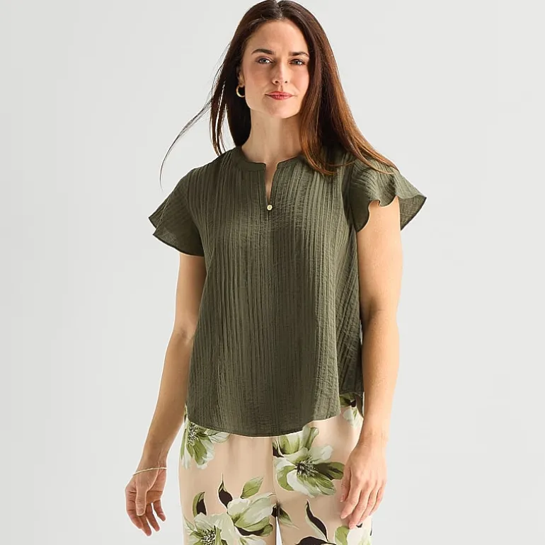 Liz Claiborne Womens Split Crew Neck Short Sleeve Blouse