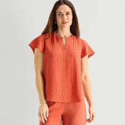 Liz Claiborne Womens Split Crew Neck Short Sleeve Blouse