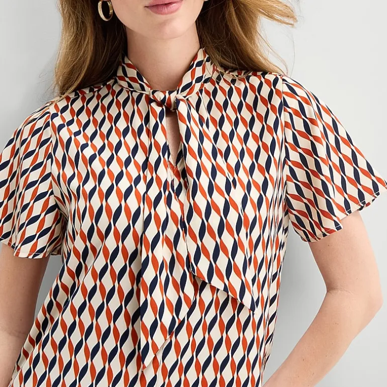 Liz Claiborne Womens Split Tie Neck Short Sleeve Blouse