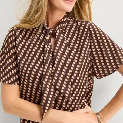 Liz Claiborne Womens Split Tie Neck Short Sleeve Blouse