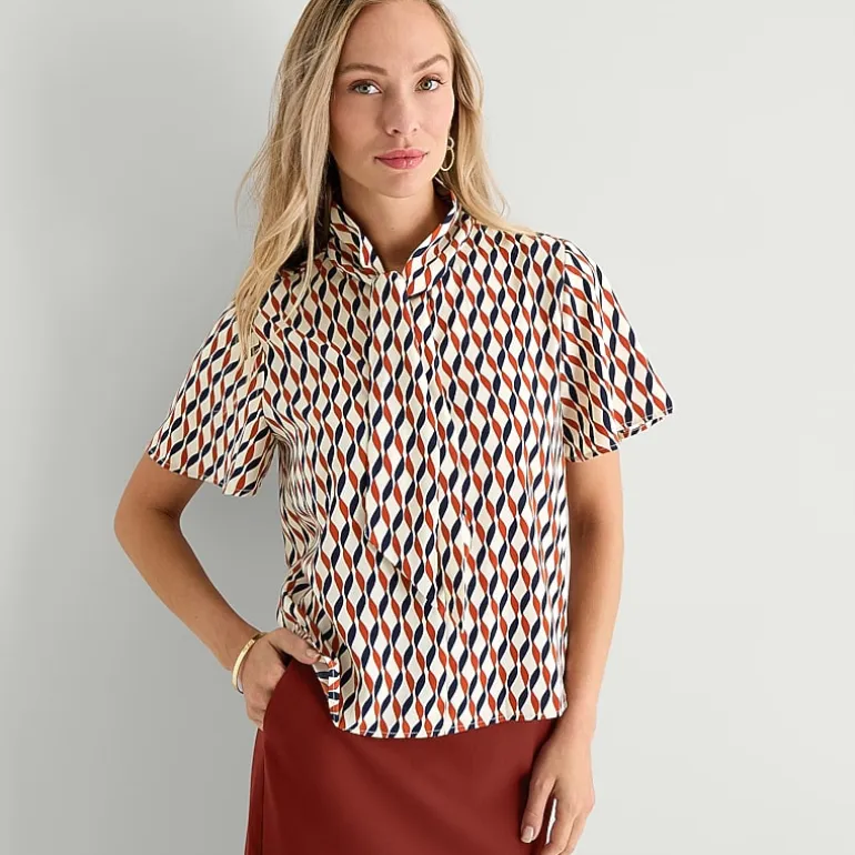 Liz Claiborne Womens Split Tie Neck Short Sleeve Blouse