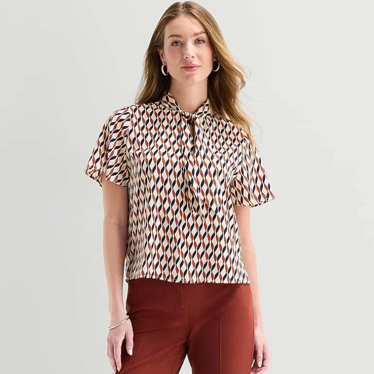 Liz Claiborne Womens Split Tie Neck Short Sleeve Blouse