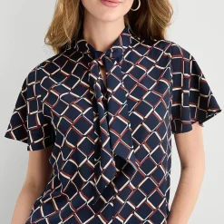 Liz Claiborne Womens Split Tie Neck Short Sleeve Blouse