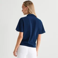 Liz Claiborne Womens Split Tie Neck Short Sleeve Blouse