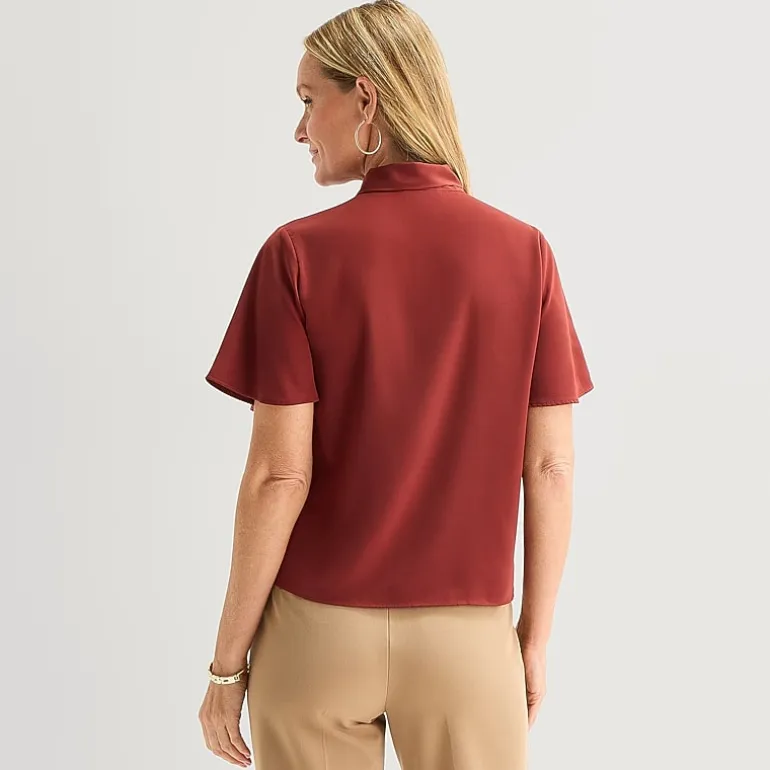 Liz Claiborne Womens Split Tie Neck Short Sleeve Blouse