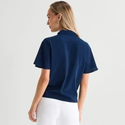 Liz Claiborne Womens Split Tie Neck Short Sleeve Blouse