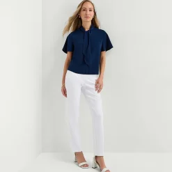 Liz Claiborne Womens Split Tie Neck Short Sleeve Blouse