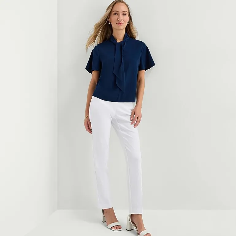Liz Claiborne Womens Split Tie Neck Short Sleeve Blouse