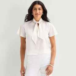 Liz Claiborne Womens Split Tie Neck Short Sleeve Blouse
