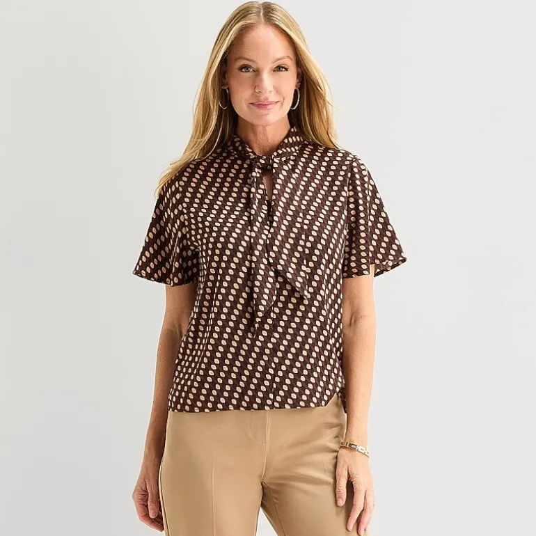 Liz Claiborne Womens Split Tie Neck Short Sleeve Blouse