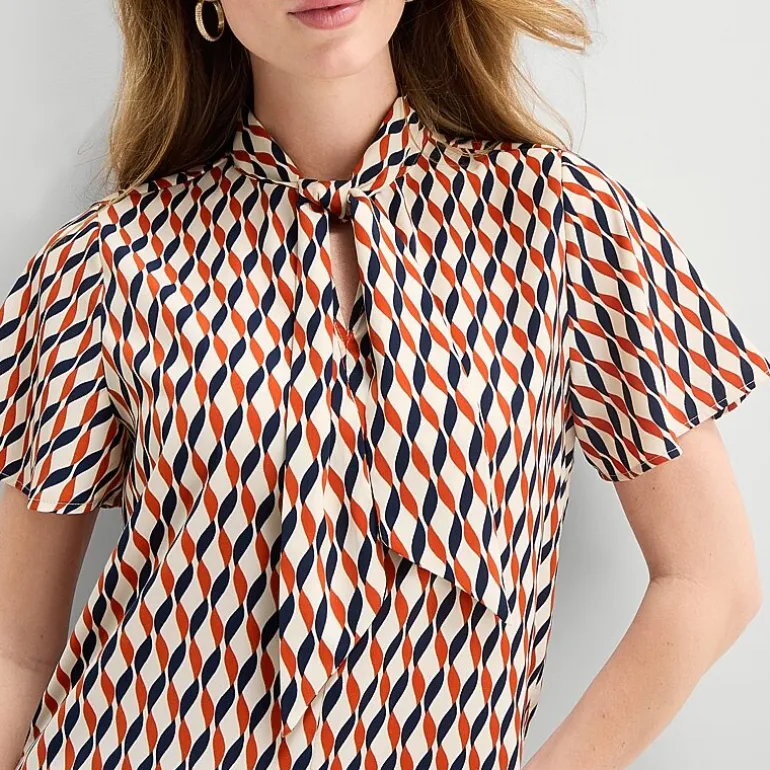 Liz Claiborne Womens Split Tie Neck Short Sleeve Blouse