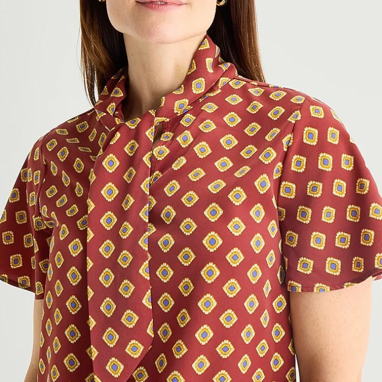 Liz Claiborne Womens Split Tie Neck Short Sleeve Blouse