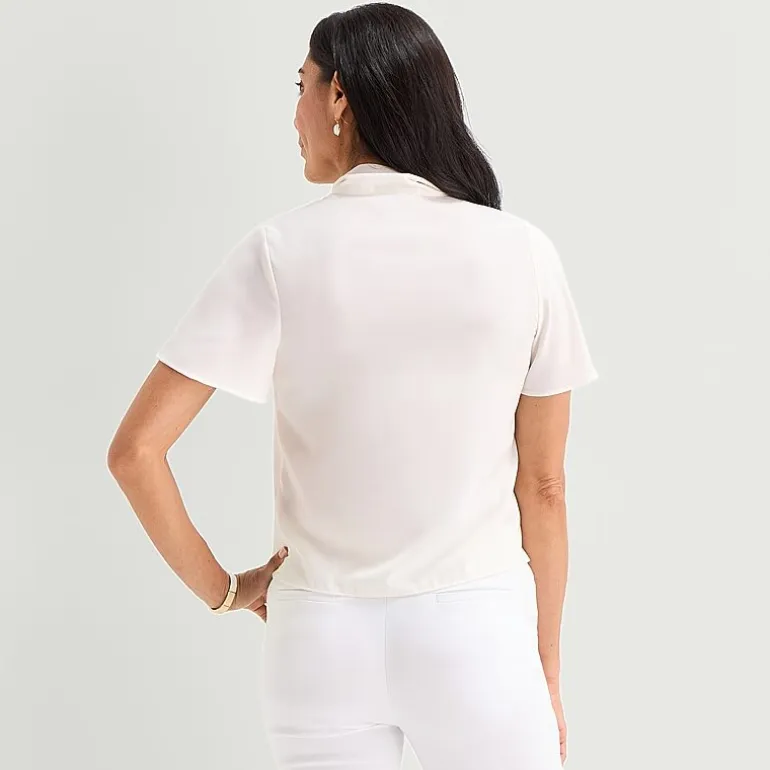 Liz Claiborne Womens Split Tie Neck Short Sleeve Blouse