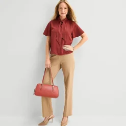 Liz Claiborne Womens Split Tie Neck Short Sleeve Blouse